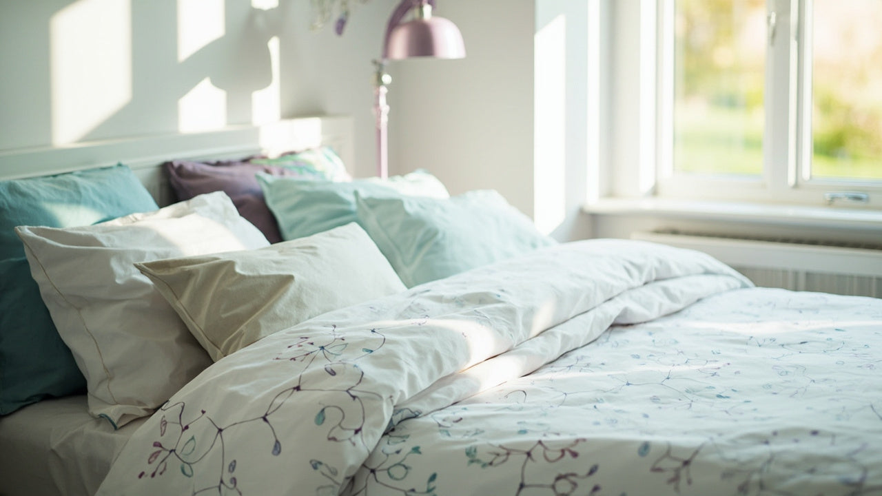 sunlit modern bed with soft cotton duvet cover and layered pillows