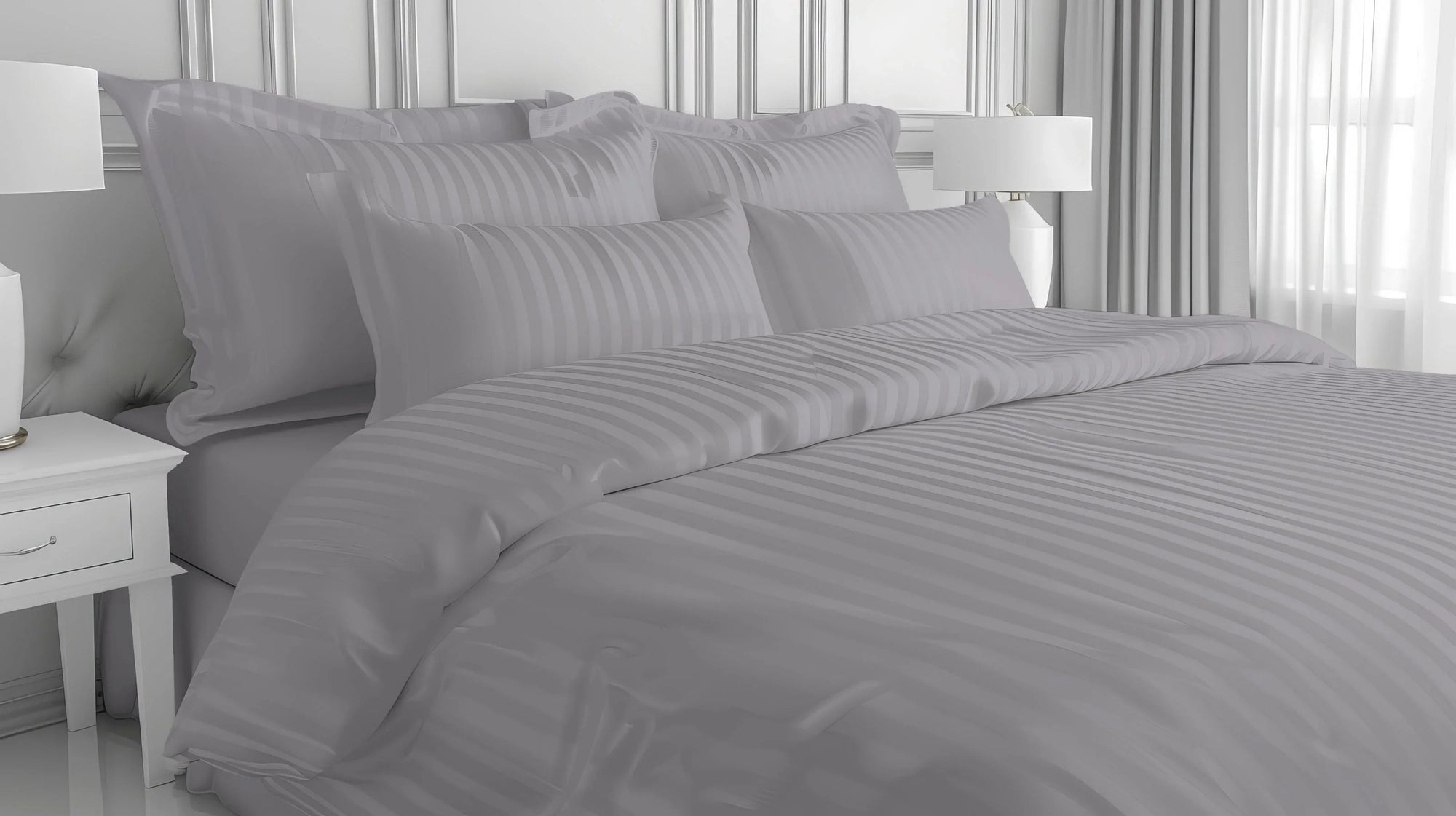 minimalist bed with elegant dark grey cotton stripe satin bedding